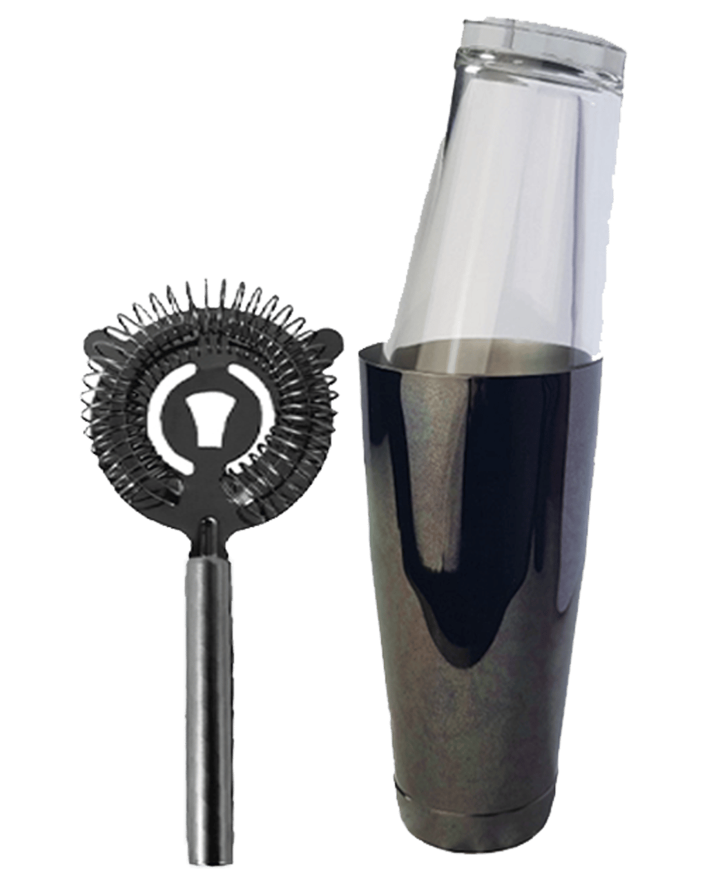 Barware Cocktail Shaker Boston Tin & Glass Black Chrome & Strainer
