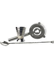 Multi Level Jigger Cup Measure - Stainless Steel & Bar Spoon With Stud Muddler S/S & Cocktail Strain