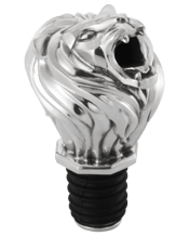 Royal Selangor Lion Wine<br>Pourer 8cm x Dia 4.5cm A roaring lion, impressively maned, makes an unusual wine pourer. An octagonal theme unites a contemporary take on 1920s design vocabulary, enlivened by Deco-inspired sculpted reliefs of African wildlife in bright finish pewter