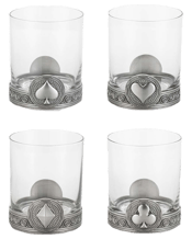 Royal Selangor Ace Tumbler 4<br>Set A quartet of glass tumblers, each marked with a sculpted pewter pip to identify your drink while you keep your eyes on the game.<br>About the collection<br>Playing the hand you’re dealt is part of the game, but lubricating the proceedings with a selection of stylish accessories might just be the ace up your sleeve.