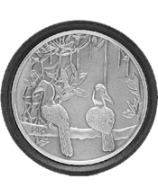  Royal Selangor Hornbill<br>Coaster Single   Crafted from bright pewter, this coaster features an embossed design of two hornbills perched on a tree. The coaster is designed to protect surfaces from drink rings and spills while adding a touch of wildlife-themed décor.