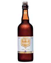  Chimay Cinq Cents Golden Ale<br>750ml  750mL This beer with its typical golden colour, its slightly hazy appearance and its fine head is especially characterized by its aroma which results from an agreeable combination of fresh hops and yeast. The beers flavour comes from the smell of hops, above all it is the fruity notes of Muscat and raisins that give this beer a particularly attractive aroma. The aroma complements the touch of bitterness. There is no acidity, but an after-bitterness which melts in the mouth.