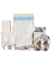  The Hamper Emporium Baby<br>Bathtime & Snuggles Boy...  Spoil a newborn baby boy with this gorgeous hamper. Filled with the highest quality gifts for baby and a beautiful keepsake for Mum, it's the perfect way to say 'welcome to the world'. Pamper a new arrival with a 100% organically grown cotton muslin wrap, a Purebaby cotton growsuit, a natural beechwood rattle, gentle bathtime products, and a soft plush bunny. The new parents will also receive an elegant pink notebook to write down milestones and memories.<br>Due to popular demand and seasonal va