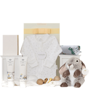  The Hamper Emporium Baby<br>Bathtime & Snuggles...  Celebrate the arrival of a precious newborn with this luxury baby gift hamper, thoughtfully curated with the highest quality gifts for baby and a charming keepsake for Mum. It’s the perfect way to say “welcome to the world” and make those first moments even more special.<br>This beautiful hamper includes a 100% organically grown cotton muslin wrap, ideal for swaddling and comfort; a Purebaby cotton growsuit for everyday wear; a natural beechwood rattle to delight tiny hands; and gentle, soothing