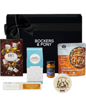 Bockers & Pony Banter Food<br>Hamper   A little 'banter' can extend the life of a conversation for quite some time and guarantee a bountiful amount of laughter. This gourmet gift is definitely for your quick-witted friend or family member that has an inordinate amount of interesting facts and stories to tell. This is the perfect combination of savoury snacks, ready for your next celebration or Friday night drinks.<br>Nina’s Turkish Delight Bar<br>Organic Times Almond Shortbread Biscuits<br>Rinaldi Almond Nougat<br>Brookfarm Entertain