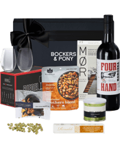  Bockers & Pony Wine Time<br>Gift Hamper   A full-bodied Tahbilk Shiraz, Reidel's O Series Shiraz glasses and delicious sweet and savoury snacks, you'll be ready for Wine Time.<br>Gift hamper includes:<br>Vecchio Mulino Olive Oil Grissini Sticks<br>TLUX Honey Roasted Almonds<br>Rinaldi Nougat<br>Butterflies Lemon Crisp<br>Random Harvest Roasted Capsicum Tapenade<br>Riedel O Shiraz Glasses<br>Tahbilk Shiraz<br>Bockers &amp; Pony Gift Box.