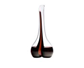  Riedel Decanter Black Tie<br>Smile Red 1.41l  1.4L Crystal glass, mouth blown, handmade. With its soft curves, Smiles sultry form makes this decanter a superb addition to any collection. The decanters curved base makes it effortless to hold in the palm of the hand. It features Riedels signature Black Tie design with an additional strip of startling red. PLEASE NOTE: due to the hand-crafting, small tolerances in the size and weight of the piece, and slight imperfections and variations, are a feature and acceptable part of the process.