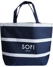  Sofi Spritz Picnic Bag 22.8l<br> 22.8L The SOFI Picnic Bag is lightweight and the ideal size for a few bottles of SOFI Aperitivo and some nibbles. Available in a chic blue and white stripe, you'll never want to leave this one at home.<br>22.8L Capacity<br>43 x 59 x 9cm Dimensions (exc handle)<br>2.5 x 60cm Handle Dimensions.