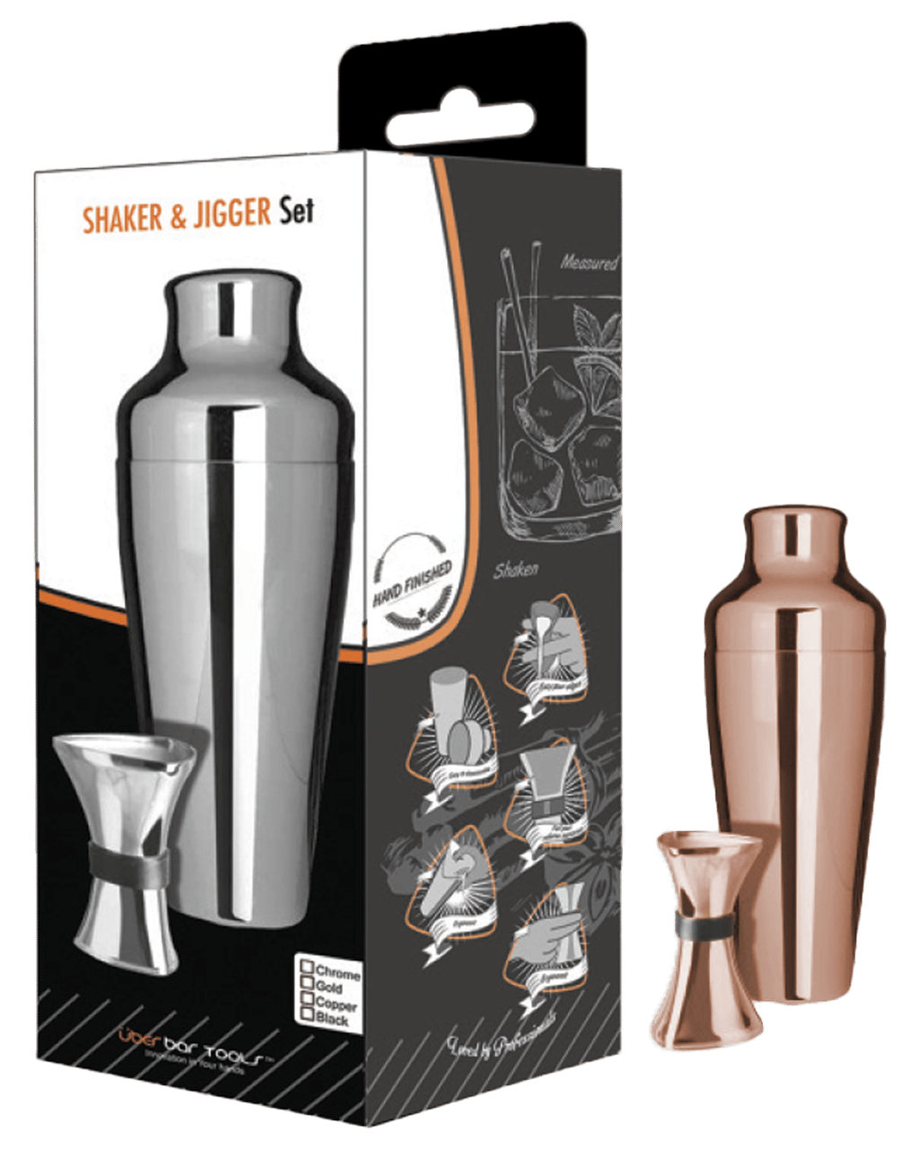 Uber Bar Tools Shaker and Jigger Copper Gift Set Boozy