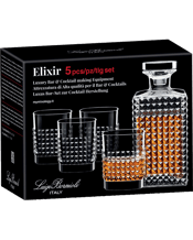  Luigi Bormioli Mixology<br>Elixir Whisky 5pc... 750ML Celebrating the new golden age of cocktail making, Mixology offers an extensive range of premium barware inspired by the vintage look of the famous European bistros of the last century. Created in collaboration with renowned Milanese barman and mixologist, Yuri Gelmini. Designed and made in Italy.<br> 1 x Decanter & 4 x DOF 380mL<br>Uniquely Textured Design<br>Stylish Vintage Inspired Barware<br> Dishwasher Safe