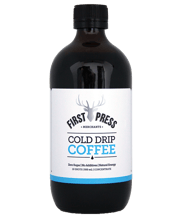  First Press Cold Drip<br>10-shot Bottles 6... 500ML Introducing the big boy. Each bottle contains 10 shots of specialty cold drip coffee. An excellent addition to any event if you want a tasty pure black coffee. It’s also a premium quality coffee base for espresso martinis and other cocktails. Expect your party to have elevated energy levels and quality banter. Unfortunately, due to the products' requirements to be kept cold we are unable to deliver to WA. Please refer to the supplier website for stockist locations - www.firstpresscoffee.com.