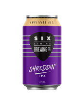 Six String Brewing Co.<br>Shreddin' Ipa... 375ML An IPA amplified with Strata Hops that should be a staple in any fridge. Like a classic rock song it never gets old, citrusy and dank with the bitterness kept in check, this one can be played on repeat.<br />6% ABV 30 IBU’s.