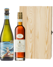  Cellar 17 De Bortoli King<br>Valley Prosecco & De...  Double Bottle Timber Box.<br>Pine Box With Hinged Lid.<br>Wood Wool Included.<br>De Bortoli Prosecco is easy to drink, lively and fun. Great on its own or shared with food. For a spritz with a twist, mix with Aperol and soda.<br>One of the most awarded wines in history. More than three decades after this pioneering Botrytis Semillon took the world by storm, internationally acclaimed Noble One remains the benchmark of Australian ‘Botrytis’ dessert winemaking. It has a bright golden colour with ex