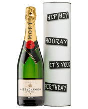  Cellar 17 Moët & Chandon<br>Champagne - Happy... 750ML <ul><li>Birthday Wine Cylinder “Hip Hip Hooray It’s Your Birthday”</li></ul>Moet and Chandon Brut Impérial, with its perfect balance of Pinot Noir, Chardonnay and Pinot Meunier has become one of the world’s most-loved Champagnes. Moet is characterised by bright fruitiness and elegant maturity. The palate reveals subtle pear, citrus and brioche notes.