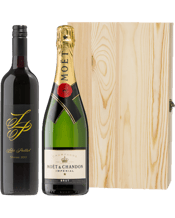  Cellar 17 Moet Champagne &<br>Lola's Paddock... 750ML Double Bottle Timber Box<br>Pine Box With Hinged Lid<br>Wood Wool Included<br>Moet and Chandon Brut Impérial, with its perfect balance of Pinot Noir, Chardonnay and Pinot Meunier has become one of the world’s most-loved Champagnes. Moet’ is characterised by bright fruitiness and elegant maturity. The palate reveals subtle pear, citrus and brioche notes.<br>Bright yet deep in colour, Lola’s Paddock Shiraz starts with wild berry and fine French Oak aromas lifting from the glass. It is matured in f