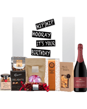  Cellar 17 Happy Birthday<br>Hamper Bleasdale... 750ML Bleasdale Sparkling Shiraz is richly flavoured with deep colour and displays dark berry fruit aromas, sweet plum and spicy flavours, silky tannins and a rich, velvety smooth palate.<br>This hamper contains:<br>White Magnetic Hamper Box with the text "Hip Hip Hooray It's Your Birthday"<br>Bleasdale Sparkling Shiraz 750mL<br>Ogilvie &amp; Co Honey Roasted Peanuts 60g<br>Chocolatier Pure Delight 40g<br>The Gourmet Merchant Salted Pretzels 35g<br>Just Sweets Almond Torrone 120g<br>Ogilvie &amp; Co C