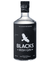  Blacks Irish Gin 700ml  700mL Blacks Distillery is located in Kinsale, Co. The gin features 13 carefully selected botanicals. A modern Irish Gin, refreshingly balanced with citrus and spice, featuring freshly cut citrus peels, hand cracked juniper berries, and vapour infused Irish Heather Flowers picked locally on the Wild Atlantic Way. Versatile either straight, in a G&T or your favourite gin based cocktail.