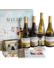  Millon Impressionist Sensory<br>Pack  750ML Inspired by wanderlust, The Impressionist Sensory Pack was carefully crafted by the Millon Wines team to enrich your tasting experience.<br>The pack includes:<br>- 4 x award-winning wines from The Impressionist Range<br>- Cheeseboard pairing tea towel<br>- Educational varietal guides<br>- Virtual Reality Headset + Links to360˚ videos.<br>- Spotify Playlists