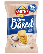  Smith's Oven Baked Salt 130g<br> 130g Smith's Oven Baked Sea Salt Double Baked rather than fried, Smith's Oven Baked are tasty potato snacks with 50% less fat* than regular potato chips. Relax, share and enjoy the light, crispy crunch with the great taste Smith's is famous for! Say Yes to flavour. Say Yes to 50% less fat* than regular potato chips. *Contains 50% less fat then Smith's Crinkle Cut potato chips.