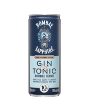  Bombay Sapphire Gin & Tonic<br>Double Serve 10%... 250ML A double serve of BOMBAY SAPPHIRE gin mixed with just the right amount of tonic to deliver a bold and refreshing citrus taste that can be enjoyed wherever you are. Best enjoyed chilled straight from the can or poured over ice with a slice of lime.