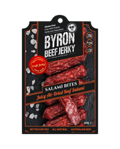  Byron Beef Jerky Salami<br>Bites 40g  40G Satisfaction with every bite! Just throw them in your mouth or put them on a platter. Made from hearty Beef (NOT PORK) SALAMI BITES area great snack packed with Energy. Bite size and ready to eat!
