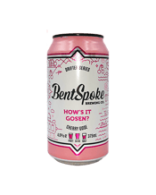  Bentspoke Brewing Co. How's<br>It Gosen? Cherry... 375ML How’s it Gosen? Cherry Gose has drifted in! This 4% cheery cherry salty sour ale is refreshing, blushing and full of summer sunset! Available all summer, this beer is perfect for those warm sunshiny days, and catching up with mates around the BBQ.