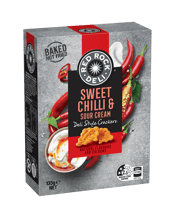 Red Rock Deli Sweet Chilli &<br>Sour Cream Deli... 135G Our Deli Style Crackers are made with only the finest quality ingredients, baked until perfectly light and crisp and then generously seasoned with deli inspired flavour combinations, each cracker is guaranteed to deliver a truly unique and indulgent taste sensation. They are seasoned with the lingering sweet heat of chilli and paprika with a hint of smooth, tangy sour cream.