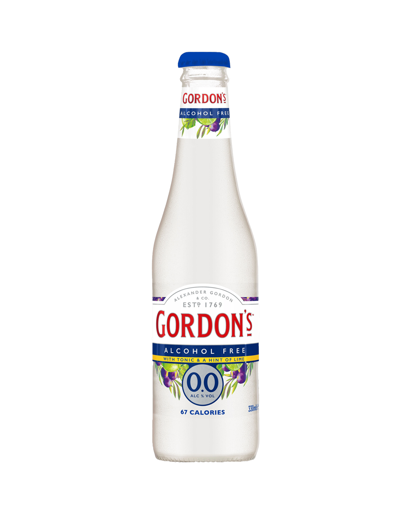 A bottle of alcohol free Gordon's 0% Gin & Tonic & Lime