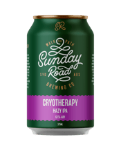 Sunday Road Brewing Co.<br>Cryotherapy Hazy... 375ML Cryotherapy Hazy IPA is the latest and greatest Hazy from Sunday Road that will treat your tastebuds to Cryogenic Lupulin powder from whole hop flowers. Mango, passionfruit and tropical fruit aromas combine with lucious mouthfeel that perfectly compliments it’s big hoppy flavours and low bitterness. Juicy, smooth and pure hop heaven.