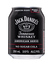 Jack Daniel's American Serve<br>No Sugar Cola... 250ML Small can, big whiskey taste. Jack Daniel's Old No. 7 Tennessee whiskey perfectly mixed with no sugar cola to 10% ABV. American Serve No Sugar is a double pour of Jack Daniel's Old No. 7 Tennessee whiskey with just a splash of no sugar cola. For those who appreciate a bolder expression of Jack Daniel's Old No. 7 Tennessee whiskey with a less sweet mixer. Enjoy chilled or poured over ice.