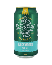  Sunday Road Brewing Co.<br>Blackwoods Pale... 375ML This American Pale Ale boasts a solid malt body cut with layers of vibrant citrus and pine aromas. This gold and silver sporting hard hitter of a full-bodied pale packs a punch American hopped roster with Cascade, Centennial, Citra and Simcoe.