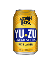  Moon Dog Yuzu Rice Lager<br>Cans 330ml  330mL This Yuzu Dry Lager is absolutely chart topping, featuring massive hits of spritzy, zesty citrus with a crisp, light and downright delicious finish!