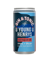  Young Henrys Gin & Tonic<br>Cans 250ml  375ML Introducing Young Henrys Gin and Tonic in a can. A refreshing mix of our award winning Noble Cut Australian Gin, and signature tonic with hints of pink grapefruit and thyme. Distilled in Newtown, our new world gin boasts herbal notes from the Tasmanian grown hops, alongside spicy juniper and pepperberries, with a zesty, lemon-myrtle finish. Continuing to serve the people, and our planet, Young Henrys promise 1% of all G and T revenue to sustainable projects (1% for the planet), made ready-to-dri