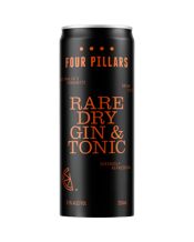  Four Pillars Rare Dry Gin &<br>Tonic Cans 250ml  6000ML Four Pillar's distilled a hyper-concentrated version of Rare Dry Gin, crafted their own tonic and added extra fresh organic oranges to the distillation to replicate the signature orange garnish. It's as simple and delicious as that.