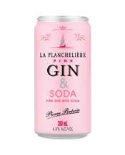  La Plancheliere Pink Gin And<br>Soda Can 250ml  250mL French craft gin La Planchelière now offers premix, so their classic pink gin and soda mix is as easy as cracking open a can and pouring it out over ice. Garnish with raspberries. Light and refreshing pink Gin and Soda with notes of juniper berries, zest and discreet strawberry flavours.