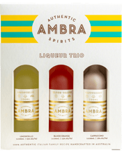  Ambra Liqueur Trio Pack  100ML Beautifully presented, our Ambra Liqueur Trio Pack contains 3 x 100mL bottles of our most popular liqueurs.<br />100mL Limoncello (25% alc-vol)<br />100mL Blood Orange (15% alc-vol)<br />100mL Cappuccino (18% alc-vol)<br />A taste of Italian Heritage in a Box!
