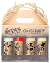  Nosferatu Distillery Ginner<br>Party Satchel  800mL It's the Ginner Party in a box. Meet the Guests: Mandrake, Nosferatu, Giselle and Bunyip Mandrake Cucumber and Mint Gin provides the entree; a crisp and refreshing gin made with lots of fresh cucumbers and min and a zesty lemon citrus base - great with seafood. Nosferatu Blood Orange Gin with the main course; a rich, well-rounded gin with a soft, delicious mix of spice and plump oranges - great with poultry, cous cous and roasted vegetables. Giselle Pavlova Gin with dessert; a creamy combination