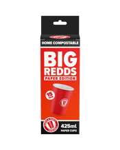  Redds Home Compostable Paper<br>Cup 425ml  425ML The claThe classic large red party cup, now eco-friendly! Redds Paper Red 425 ml cups are durable, fully home‑compostable, and ideal for cold drinks at events or gatherings. Each carton contains 180 cups in biodegradable packaging — party responsibly and enjoy easy cleanup.ssic large red party cup, now eco-friendly! Redds Paper Red 425 ml cups are durable, fully home‑compostable, and ideal for cold drinks at events or gatherings. Each carton contains 180 cups in biodegradable packaging — party r