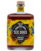  Six Dogs Gin Pinotage<br>Stained 750ml  750mL Six Dogs Pinotage Stained Gin is the love child of Six Dogs Gin and our neighbour’s highly prized block of Pinotage grapes. Our gin is distilled in small batches through generous quantities of juniper and fresh citrus. It is then placed in tanks together with handpicked Pinotage grapes to allow the gin to extract the deep red essence. The result? Six Dogs Pinotage Stained Gin. An alchemy between neighbours, friends, nature and of course, six faithful dogs.