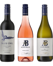  Allee Bleue Trio Pack Wines<br>Pinotage, Shiraz... 750ML Allée Bleue Blue Owl Pinotage (13.5% Alc,Vol)<br>Abundant strawberry and ripe cherry flavours on the nose. A slight hint of chocolate, liquorice and coffee gives added complexity. The palate is smooth and soft with beautiful berry fruit that lingers. Elegant tannin structure rounds off this accessible wine which will age well over the next 2-3 years.<br>Awards<br>Michelangelo International Wine & Spirits 2023<br>Double Gold Medal Winner<br>Allée Bleue Shiraz Rosé (12.5% Alc, Vol)<br>85% Shiraz,