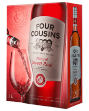  Van Loveren Vineyard Four<br>Cousins Natural Sweet... 3L Four Cousins Natural Sweet Rosé 3L Box Wine<br>A fragrant, flame-coloured wine with gentle floral perfume. Flavours of luscious tropical fruits, peaches and raisins are followed by a lingering, silky finish.<br>A wine for everyday enjoyment. The perfect sundowner in summer. Good with spicy foods and desserts.