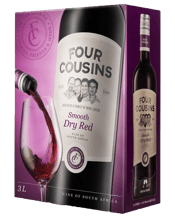  Van Loveren Vineyard Four<br>Cousins Smooth Dry... 3L Four Cousins Smooth Dry Red 3L Box Wine<br>A pleasant, fruit-filled unwooded red wine with ripe summer berries on the nose, followed by soft spices on the gently lingering palate.<br>A lightly styled, unwooded dry red blend.<br>A wine for everyday enjoyment. Enjoy with red meat dishes, flavourful stews, barbecue, roast chicken and cheese platters.