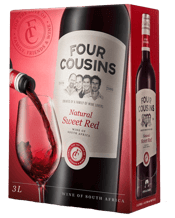  Van Loveren Vineyard Four<br>Cousins Natural Sweet... 3L Four Cousins Natural Sweet Red 3L Box Wine<br>A fragrant, ruby-red wine with flavours of ripe plums, strawberries, and exotic spice. A Sweet Red wine, blended from red cultivars.<br>A wine for everyday enjoyment. Good with spicy foods, desserts and fruit salad.