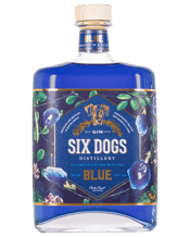  Six Dogs Blue Gin 750ml  750ML Six Dogs Blue derives its name from the Blue Pea flower (Clitoria Ternatea),&nbsp;an antioxidant and aphrodisiac in traditional medicine. As chance would have it, ‘Blue’ is also the name of the smallest dog in our pack of six.&nbsp;The infusion of Blue Pea gives the Gin its striking&nbsp;blue&nbsp;colour. The&nbsp;alchemy&nbsp;of this unusual botanical is further revealed when the Gin is mixed with a good&nbsp;tonic, changing the colour&nbsp;to light pink. &nbsp;Six Dogs Blue is the most royal o