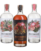  Abstinence Gift Pack Trio<br>Non-alcoholic... 750ML Abstinence Cape Spice Non-Alcoholic Spirit 750ml<br />Abstinenceis a sophisticated, layered, complex non-alcoholic spirit made using anartisanal single batch distillation process.<br />For the love of spice and all things nice! Our AbstinenceCape Spice is a complex blend of allspice, cassia barkand clove, lifted by floral cardamom and citrus notes.<br />Abstinence Cape Floral Non-Alcoholic Spirit 750ml<br />A beautifully floral creation that with the addition of juniper berries, angelica root an