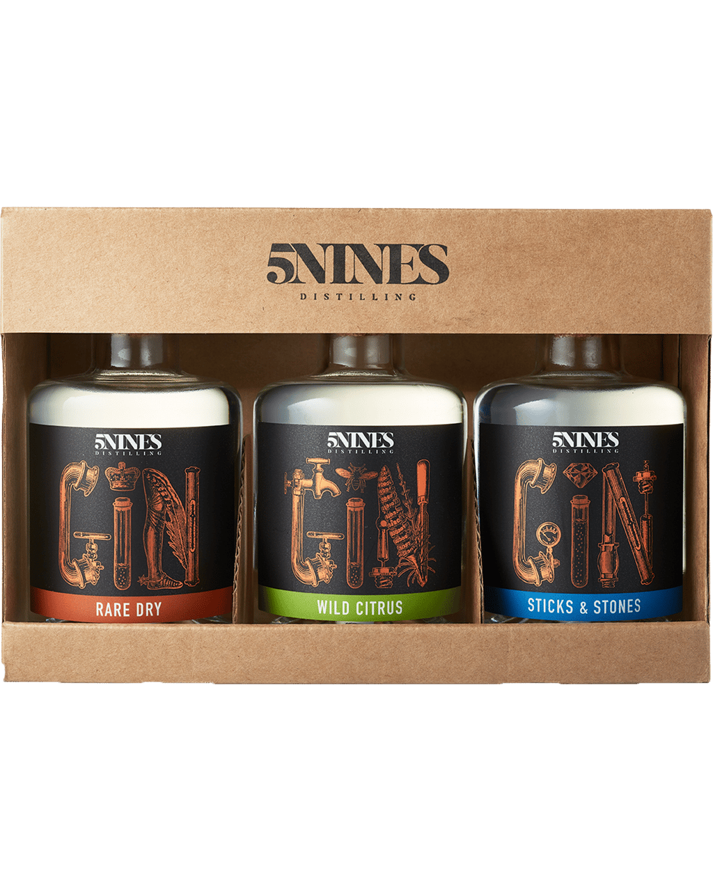 Buy 5nines Distilling Gin Gift Pack Rare Dry, Sticks & Stones And Wild