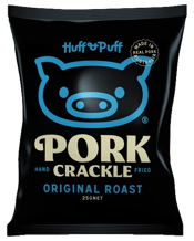  Huff & Puff Original Roast<br>Pork Crackle... 10 x 25gr Prepare to wolf down the crispiest, crunchiest pork crackle you’ve ever laid hooves on. Huff & Puff pork crackle is hand fried right here in Australia from real Australian pork rind. Seasoned with sensational spices and sealed fresh!&nbsp; Huff & Puff Pork Crackle is so hot to trot, it’ll have you huffing and puffing all the way home. Available in 10x25gr and 36x25gr cartons in 4 flavours - 0riginal Roast, Salt & Vinegar, Sweet & Sour and BBQ and 2 mixes - Crackle & Toasted Corn and Crackle & Wasabi