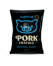  Huff & Puff Original Roast<br>Pork Crackle... 36 x 25gr Prepare to wolf down the crispiest, crunchiest pork crackle you’ve ever laid hooves on. Huff & Puff pork crackle is hand fried right here in Australia from real Australian pork rind. Seasoned with sensational spices and sealed fresh!&nbsp; Huff & Puff Pork Crackle is so hot to trot, it’ll have you huffing and puffing all the way home. Available in 10x25gr and 36x25gr cartons in 4 flavours - 0riginal Roast, Salt & Vinegar, Sweet & Sour and BBQ and 2 mixes - Crackle & Toasted Corn and Crackle & Wasabi