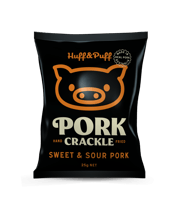  Huff & Puff Sweet & Sour<br>Pork Crackle... 36 x 25g Prepare to wolf down the crispiest, crunchiest pork crackle you’ve ever laid hooves on. Huff & Puff pork crackle is hand fried right here in Australia from real Australian pork rind. Seasoned with sensational spices and sealed fresh!&nbsp; Huff & Puff Pork Crackle is so hot to trot, it’ll have you huffing and puffing all the way home. Available in 10x25gr and 36x25gr cartons in 4 flavours - 0riginal Roast, Salt & Vinegar, Sweet & Sour and BBQ and 2 mixes - Crackle & Toasted Corn and Crackle & Wasabi