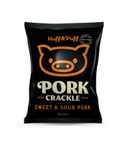  Huff & Puff Sweet & Sour<br>Pork Crackle... 36 x 25gr Prepare to wolf down the crispiest, crunchiest pork crackle you’ve ever laid hooves on. Huff & Puff pork crackle is hand fried right here in Australia from real Australian pork rind. Seasoned with sensational spices and sealed fresh!&nbsp; Huff & Puff Pork Crackle is so hot to trot, it’ll have you huffing and puffing all the way home. Available in 10x25gr and 36x25gr cartons in 4 flavours - 0riginal Roast, Salt & Vinegar, Sweet & Sour and BBQ and 2 mixes - Crackle & Toasted Corn and Crackle & Wasabi